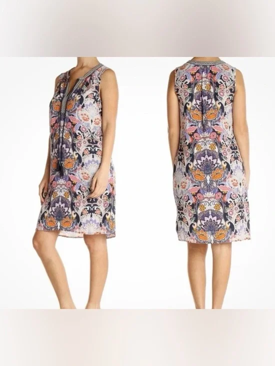 DR2 Women’s M Navy Blue Floral Paisley Boho Sleeveless Shift Dress Medium - Picture 8 of 13